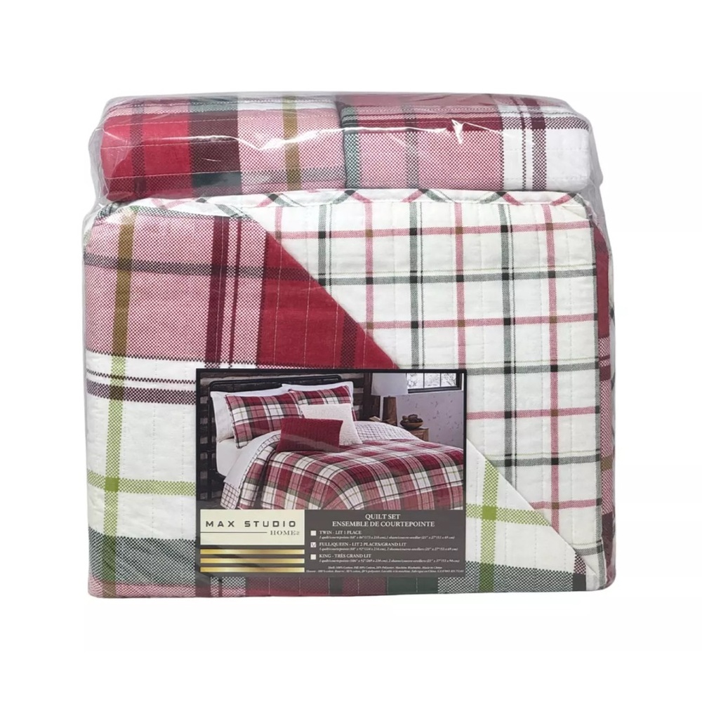 MAX STUDIO FULL / QUEEN Red Plaid Reversible Cotton Diamond Quilt Shams Set NEW
